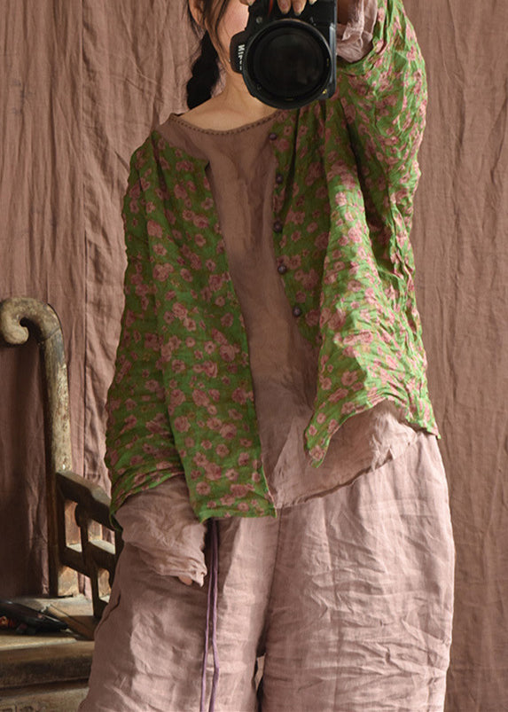 Green Button Print Linen Blouse Long Sleeve F4207