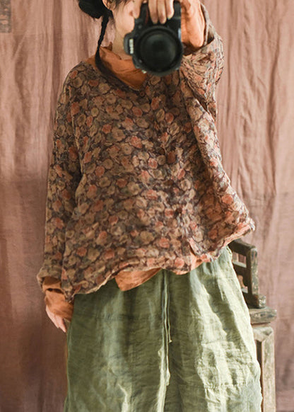 Green Button Print Linen Blouse Long Sleeve F4207
