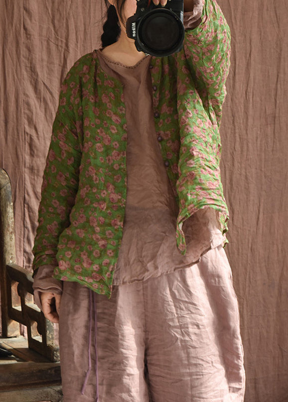 Green Button Print Linen Blouse Long Sleeve F4207