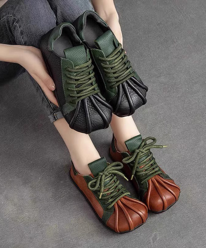 Flat Lace Green Up Cowhide Leather Splicing Shoes
