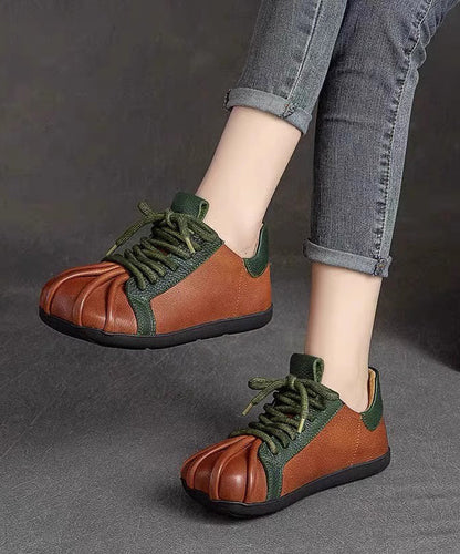 Flat Lace Green Up Cowhide Leather Splicing Shoes