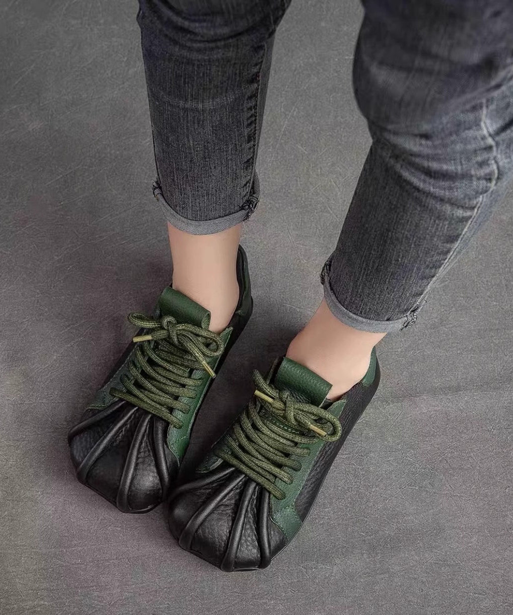 Flat Lace Green Up Cowhide Leather Splicing Shoes