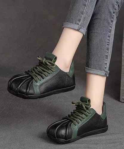 Flat Lace Green Up Cowhide Leather Splicing Shoes