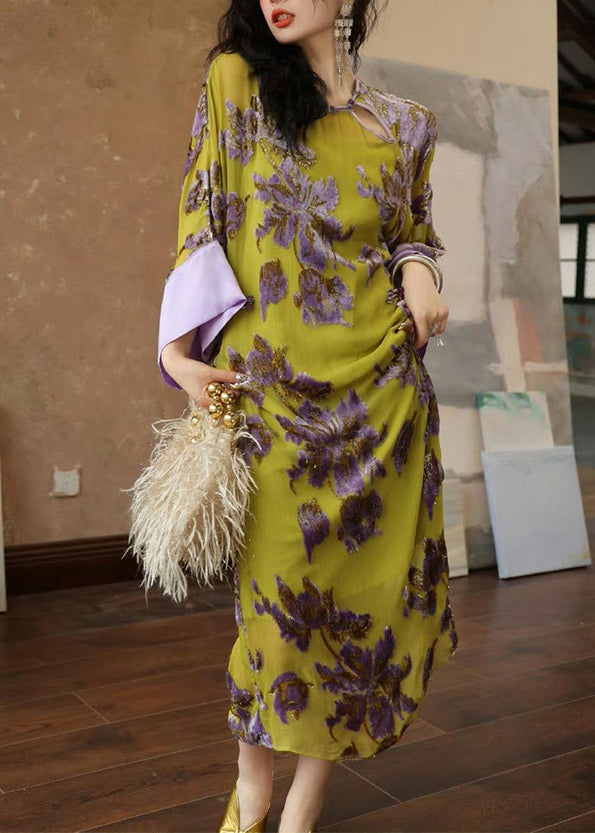 Green Embroidered Patchwork Chiffon Long Dress Spring Uu1033