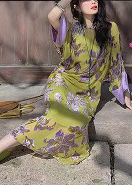 Green Embroidered Patchwork Chiffon Long Dress Spring Uu1033