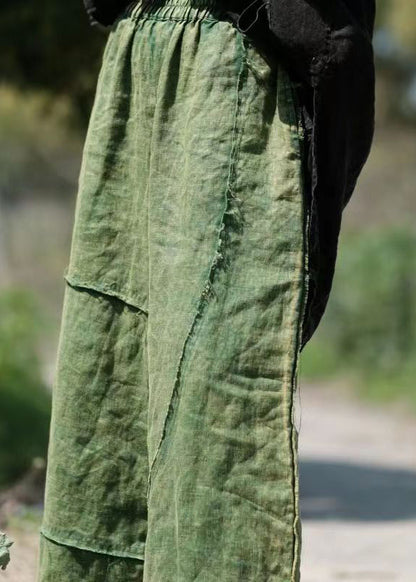 Green Pockets Elastic Waist Linen Crop Pants Summer Vb1084