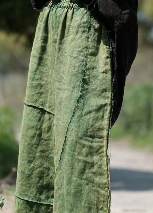 Green Pockets Elastic Waist Linen Crop Pants Summer Vb1084
