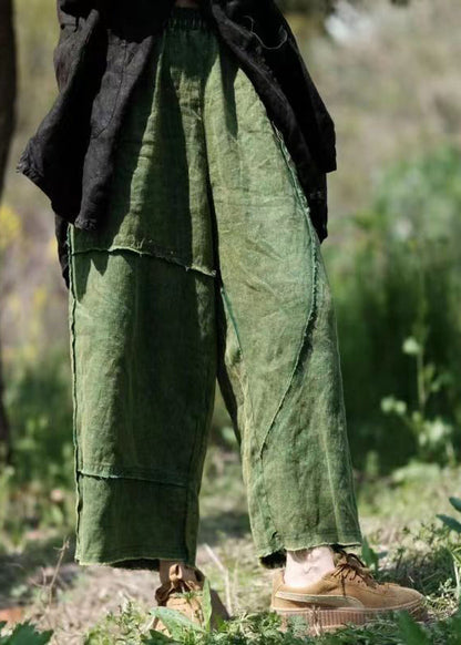 Green Pockets Elastic Waist Linen Crop Pants Summer Vb1084