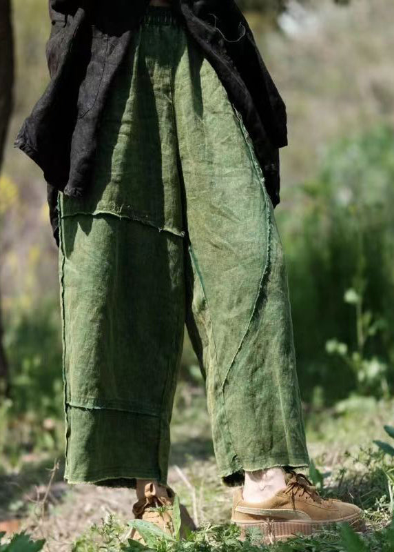 Green Pockets Elastic Waist Linen Crop Pants Summer Vb1084