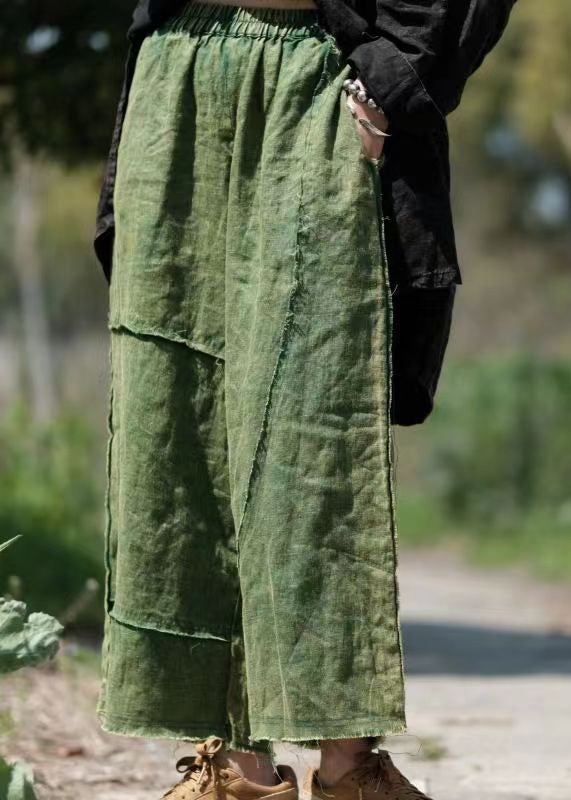 Green Pockets Elastic Waist Linen Crop Pants Summer Vb1084