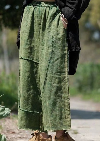 Green Pockets Elastic Waist Linen Crop Pants Summer Vb1084