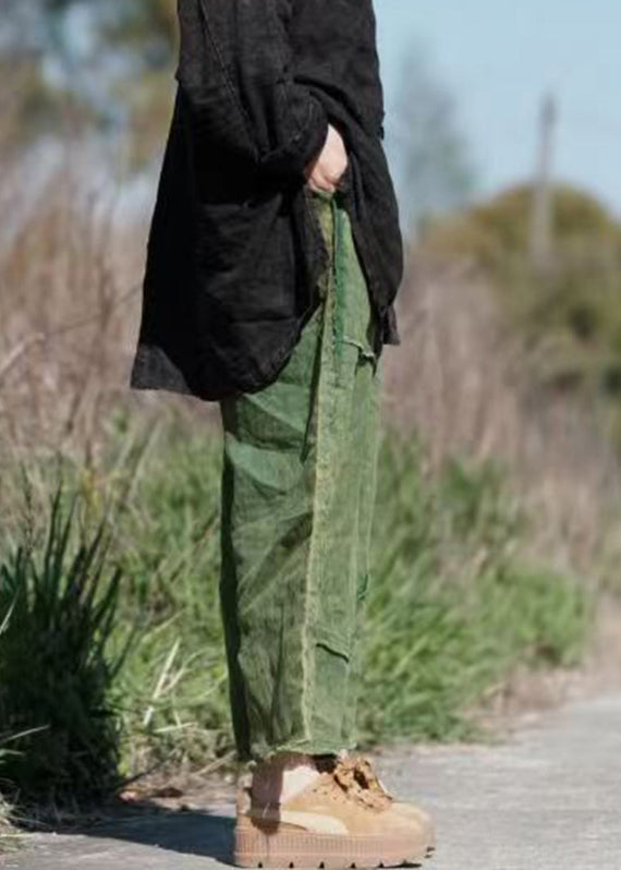 Green Pockets Elastic Waist Linen Crop Pants Summer Vb1084