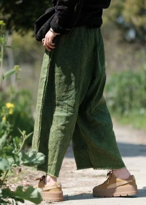 Green Pockets Elastic Waist Linen Crop Pants Summer Vb1084