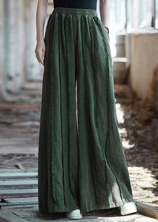 Green Pockets Elastic Waist Linen Pants Summer Qe011