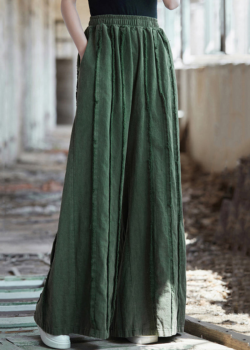 Green Pockets Elastic Waist Linen Pants Summer Qe011