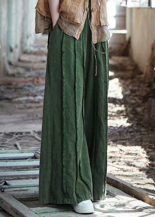 Green Pockets Elastic Waist Linen Pants Summer Qe011