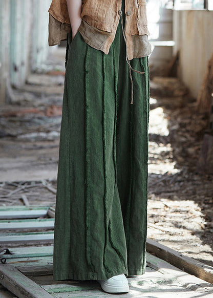 Green Pockets Elastic Waist Linen Pants Summer Qe011