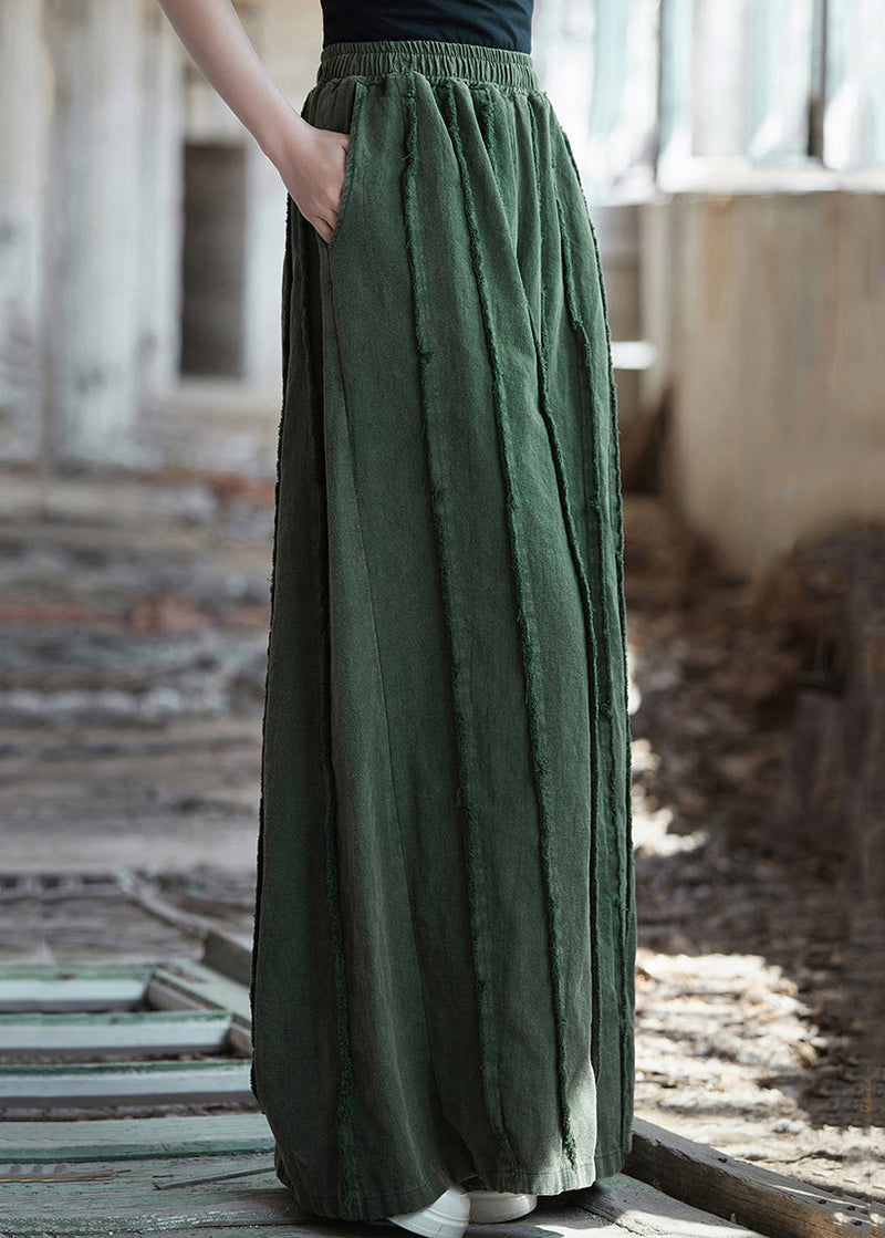 Green Pockets Elastic Waist Linen Pants Summer Qe011