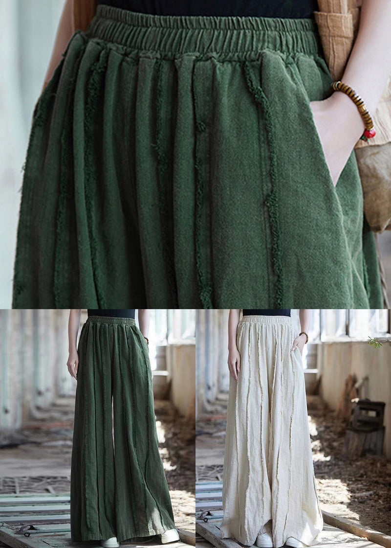 Green Pockets Elastic Waist Linen Pants Summer Qe011