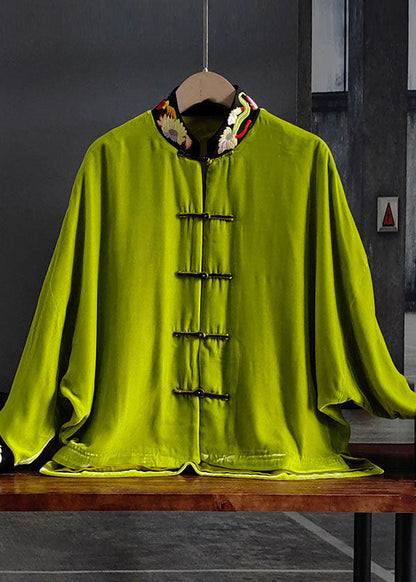 Green Stand Collar Embroideried Button Silk Velour Outwear Spring Ly0987
