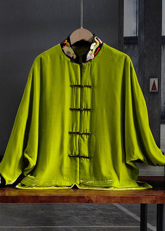 Green Stand Collar Embroideried Button Silk Velour Outwear Spring Ly0987