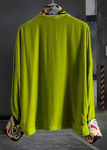Green Stand Collar Embroideried Button Silk Velour Outwear Spring Ly0987