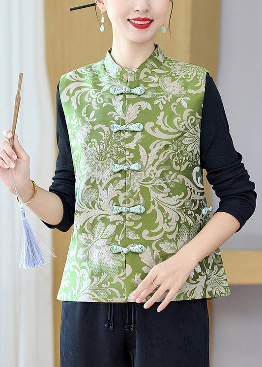 Green Stand Collar Print Button Silk Waistcoat Sleeveless Qo013