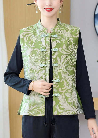 Green Stand Collar Print Button Silk Waistcoat Sleeveless Qo013