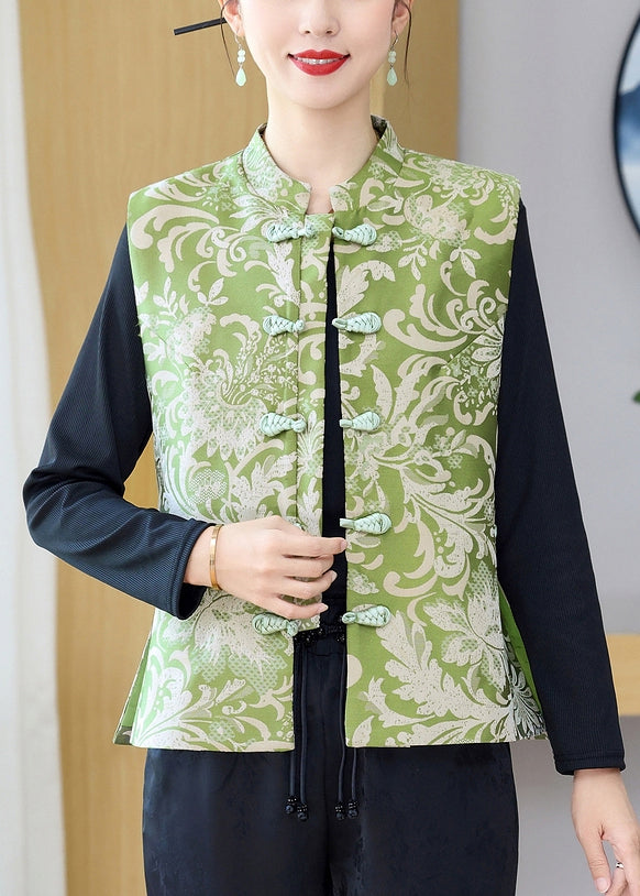 Green Stand Collar Print Button Silk Waistcoat Sleeveless Qo013