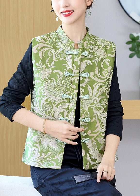 Green Stand Collar Print Button Silk Waistcoat Sleeveless Qo013
