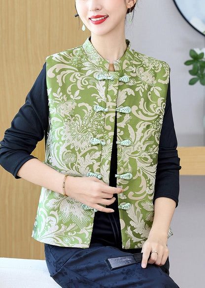 Green Stand Collar Print Button Silk Waistcoat Sleeveless Qo013
