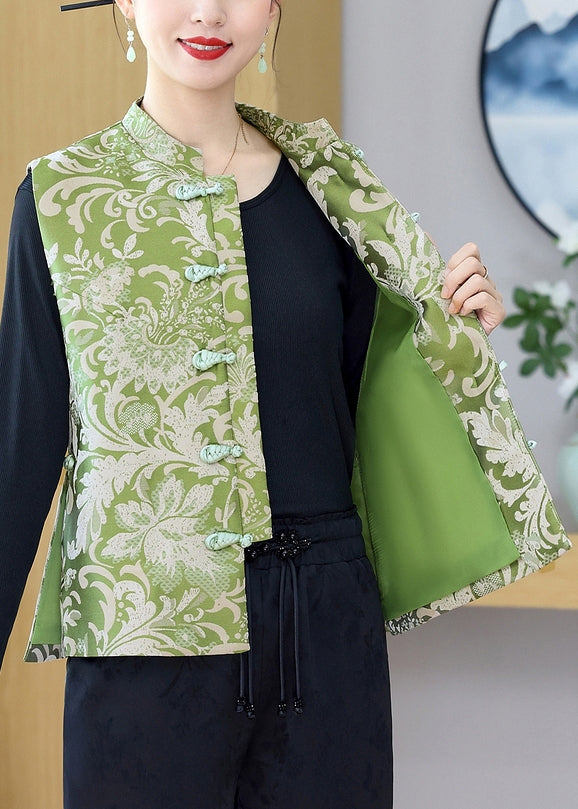 Green Stand Collar Print Button Silk Waistcoat Sleeveless Qo013