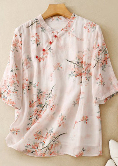 Green Stand Collar Print Linen Blouse Tops Summer Am1064