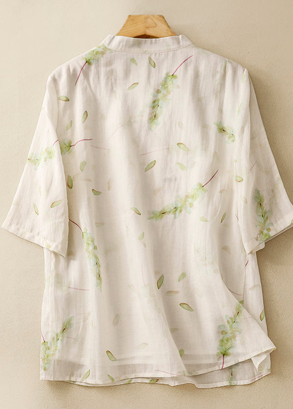 Green Stand Collar Print Linen Blouse Tops Summer Am1064