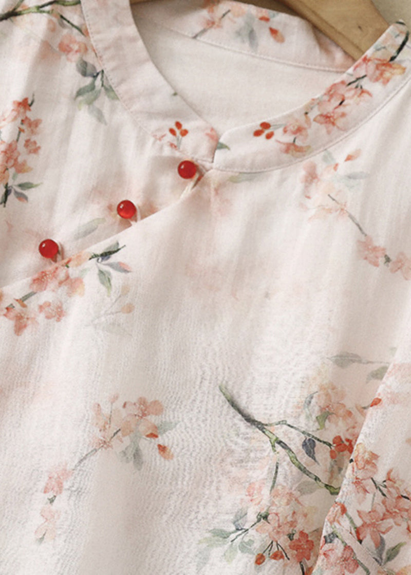 Green Stand Collar Print Linen Blouse Tops Summer Am1064