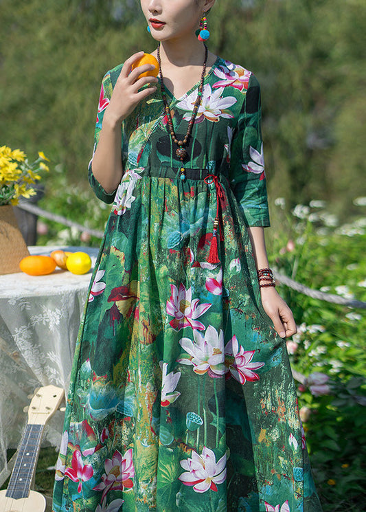 Green V Neck Print Elastic Waist Maxi Dresses Spring Ly1739