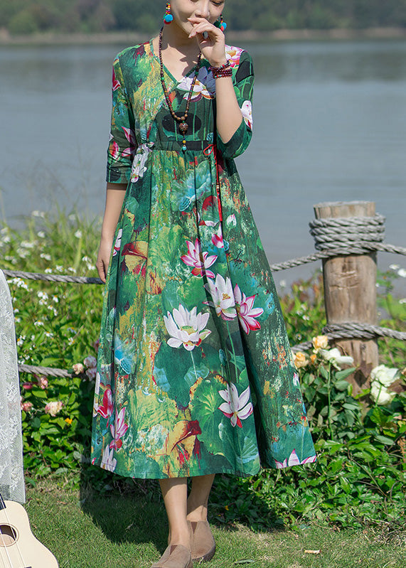 Green V Neck Print Elastic Waist Maxi Dresses Spring Ly1739