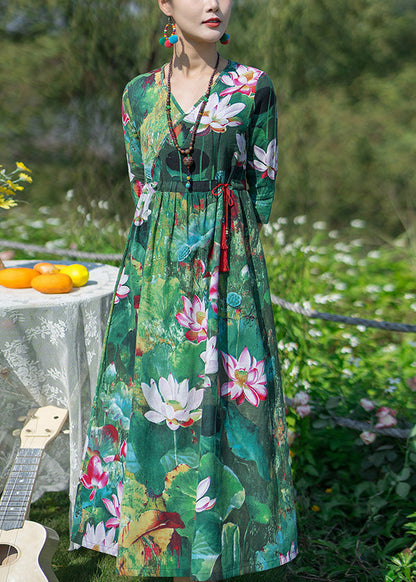 Green V Neck Print Elastic Waist Maxi Dresses Spring Ly1739