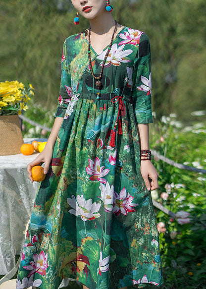 Green V Neck Print Elastic Waist Maxi Dresses Spring Ly1739