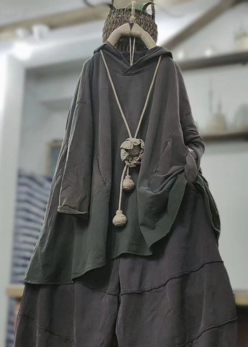 Grey Hooded Cozy Cotton Sweatshirt Long Sleeve Mn091