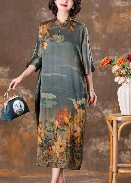 Grey Mandarin Collar Print Silk Long Dress Caftan Half Sleeve Ly1708