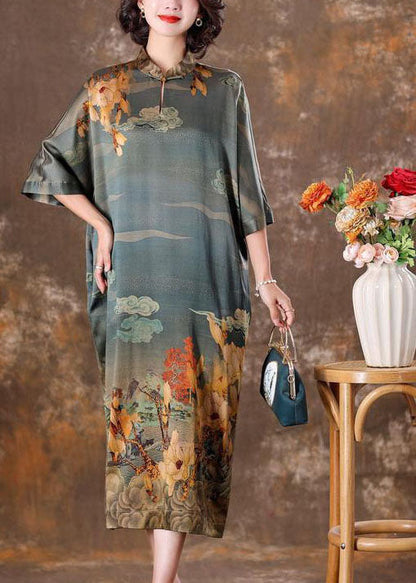 Grey Mandarin Collar Print Silk Long Dress Caftan Half Sleeve Ly1708