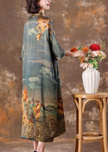 Grey Mandarin Collar Print Silk Long Dress Caftan Half Sleeve Ly1708