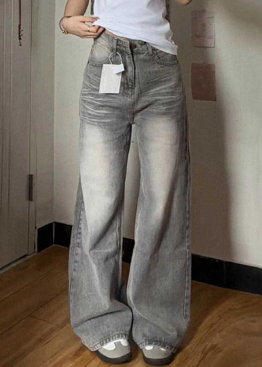 Grey Pockets High Waist Denim Wide Leg Pants Fall Qf045