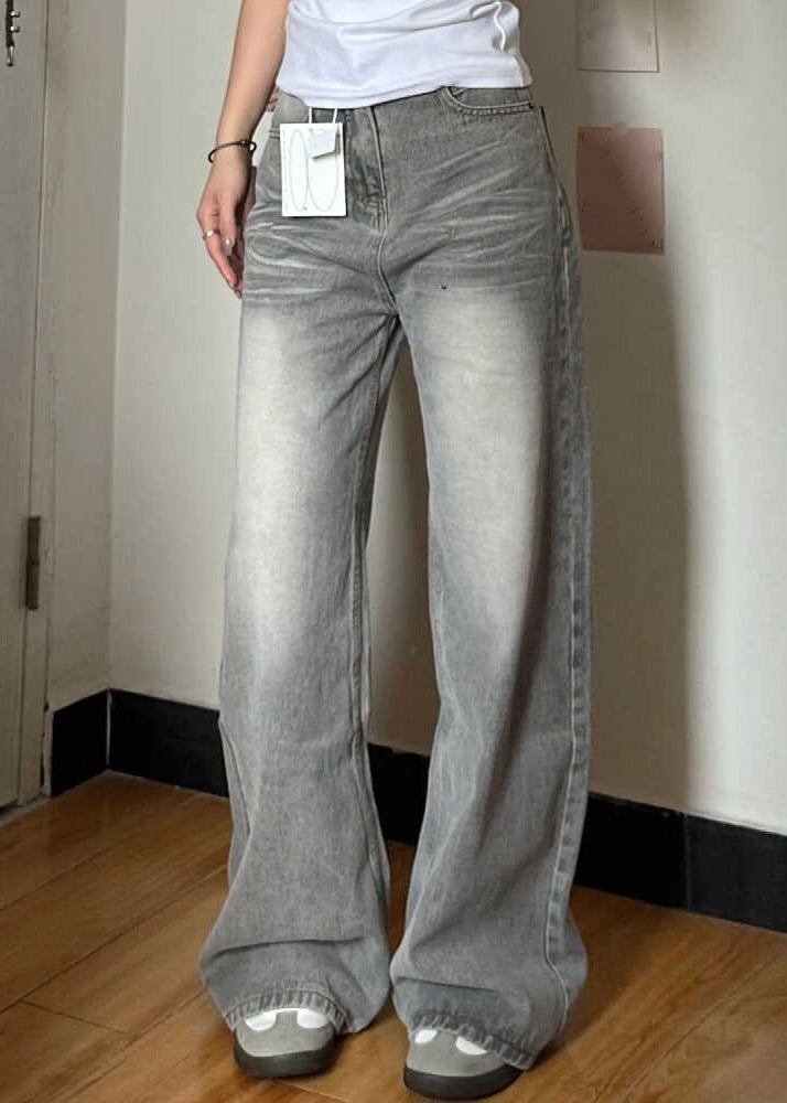 Grey Pockets High Waist Denim Wide Leg Pants Fall Qf045