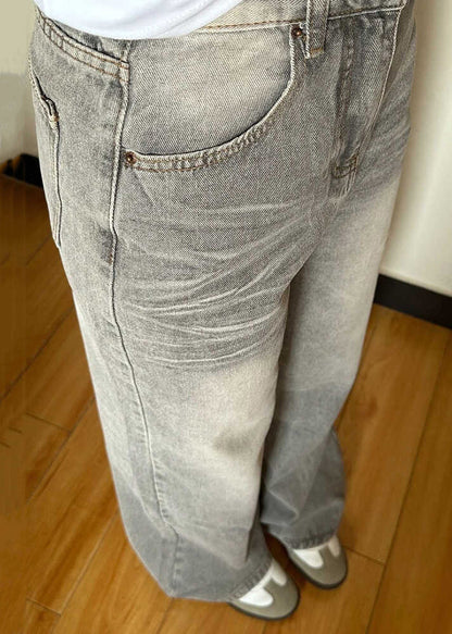 Grey Pockets High Waist Denim Wide Leg Pants Fall Qf045