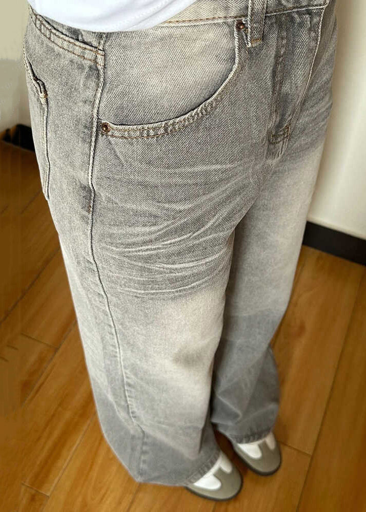 Grey Pockets High Waist Denim Wide Leg Pants Fall Qf045
