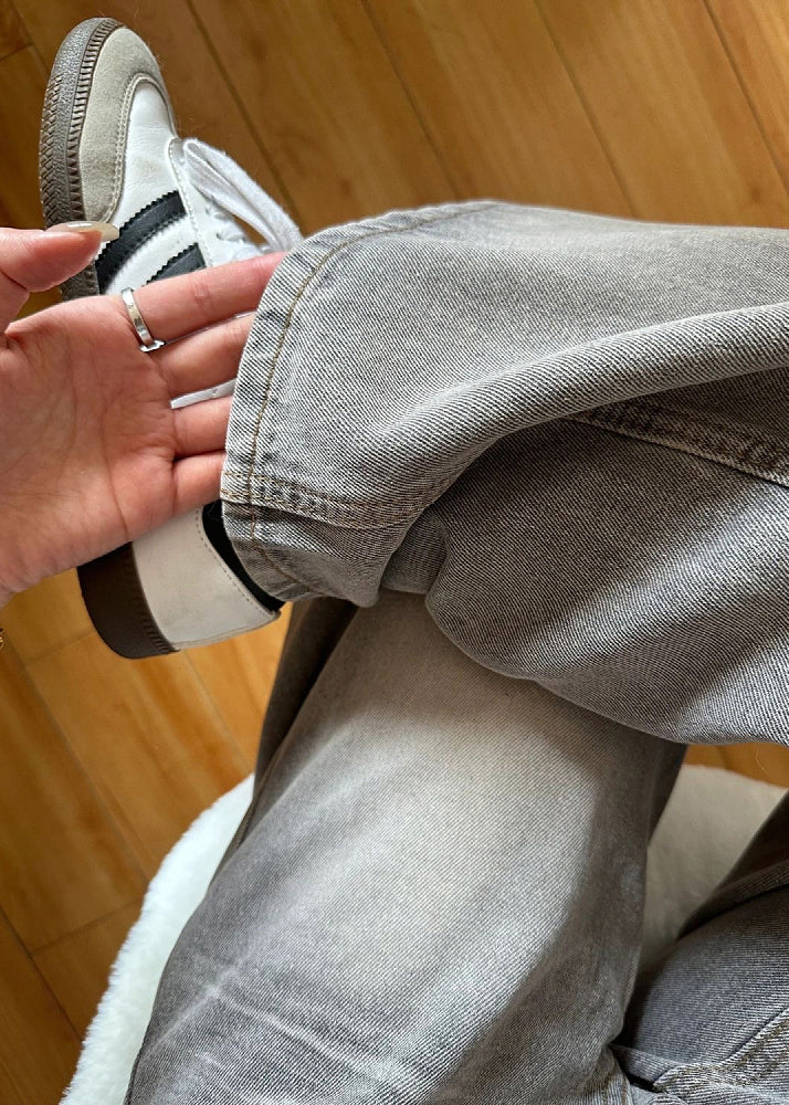 Grey Pockets High Waist Denim Wide Leg Pants Fall Qf045