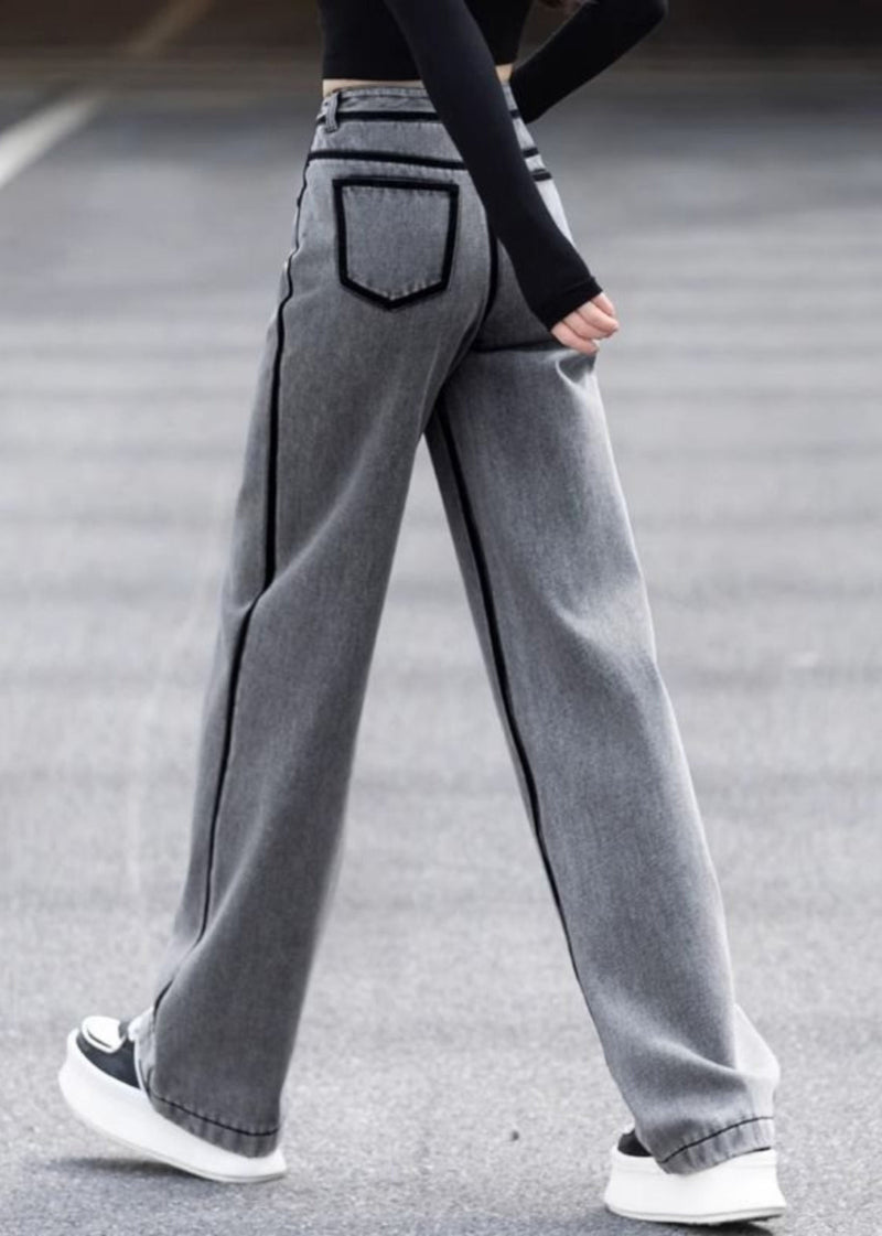 Grey Pockets High Waist Warm Fleece Pants Spring Yw050