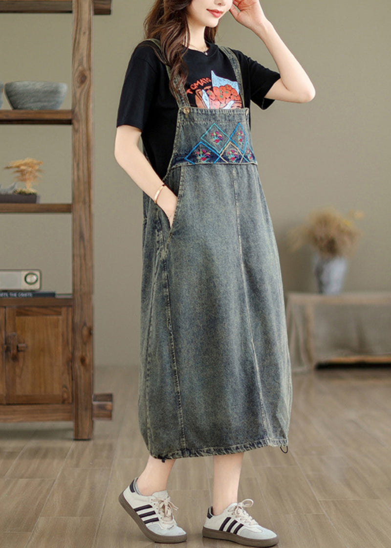 Grey Pockets Patchwork Drawstring Denim Maxi Dresses Summer Uu042